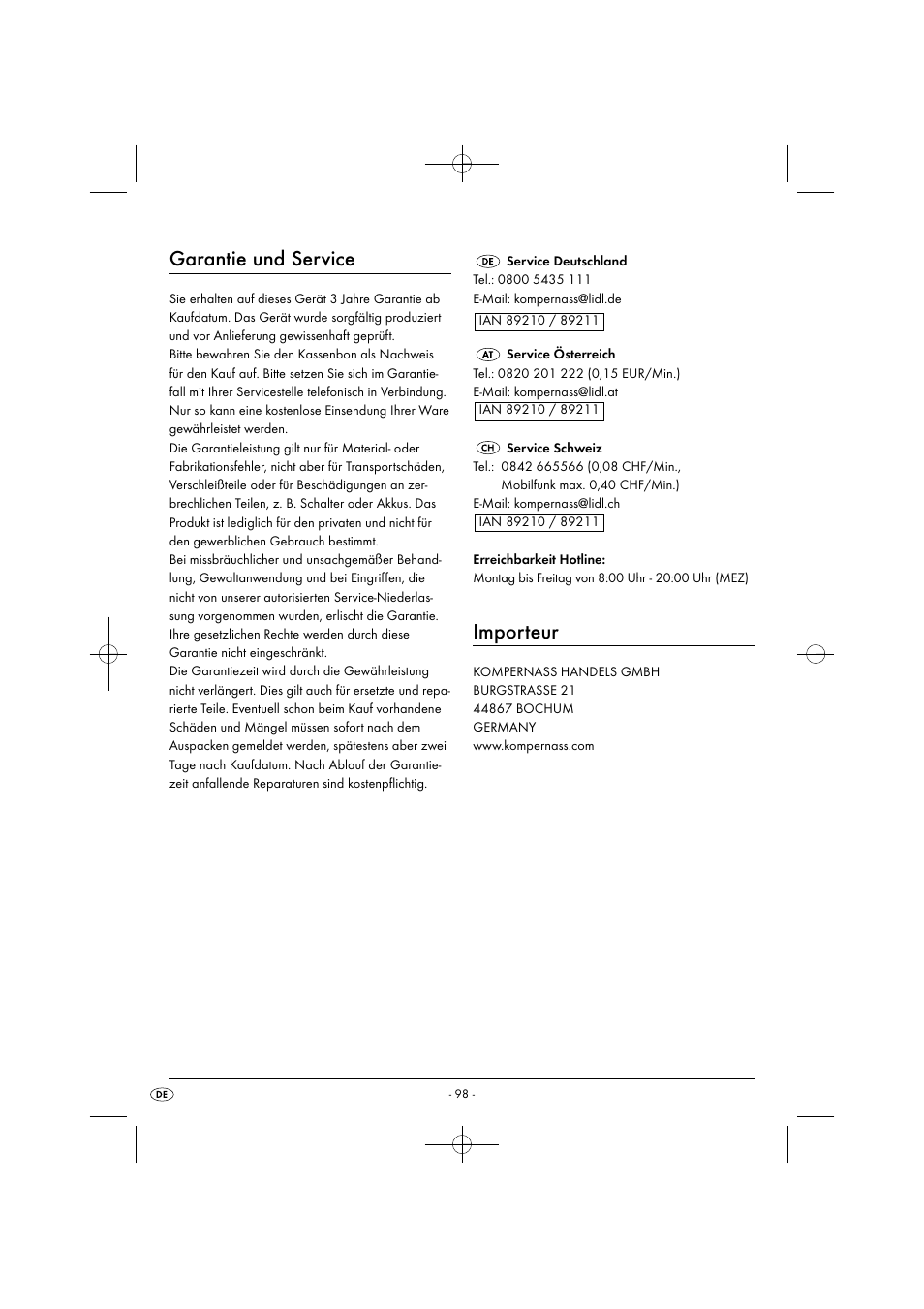 Garantie und service, Importeur | Silvercrest SGB 1380 B2 User Manual | Page 101 / 102