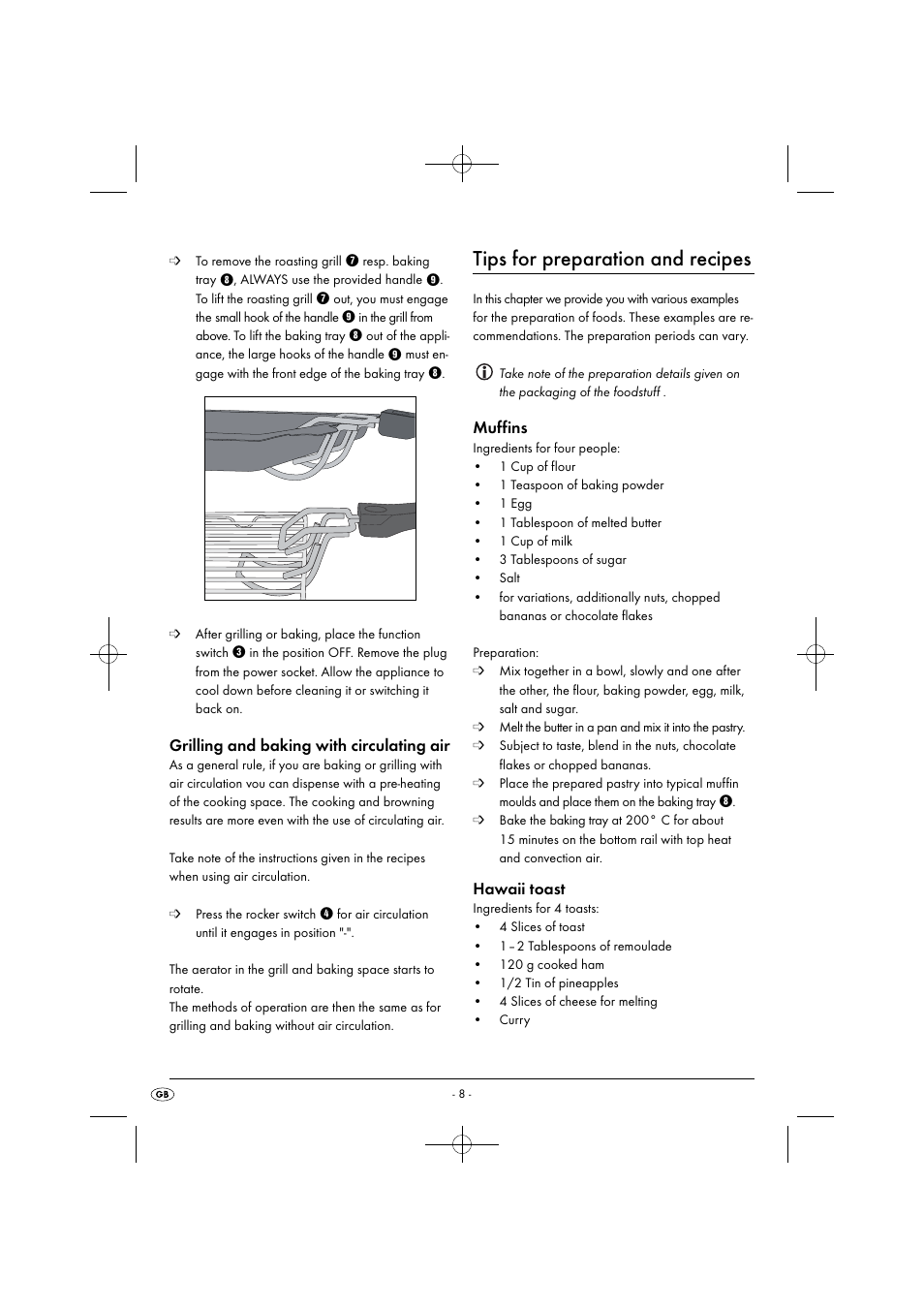 Tips for preparation and recipes, Grilling and baking with circulating air, Muffins | Hawaii toast | Silvercrest SGB 1380 B2 User Manual | Page 11 / 102