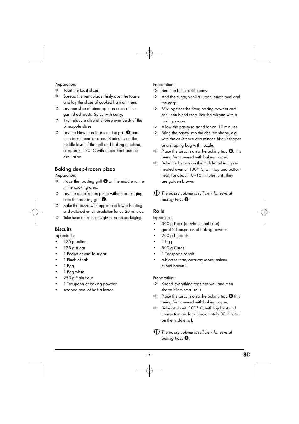 Baking deep-frozen pizza, Biscuits, Rolls | Silvercrest SGB 1380 B2 User Manual | Page 12 / 102