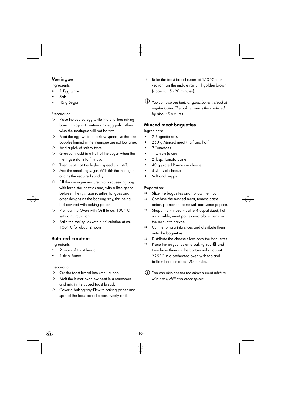 Meringue, Buttered croutons, Minced meat baguettes | Silvercrest SGB 1380 B2 User Manual | Page 13 / 102