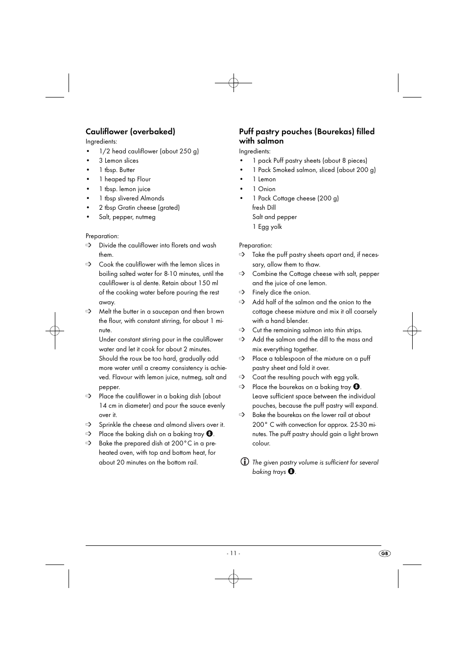 Cauliflower (overbaked), Puff pastry pouches (bourekas) filled with salmon | Silvercrest SGB 1380 B2 User Manual | Page 14 / 102