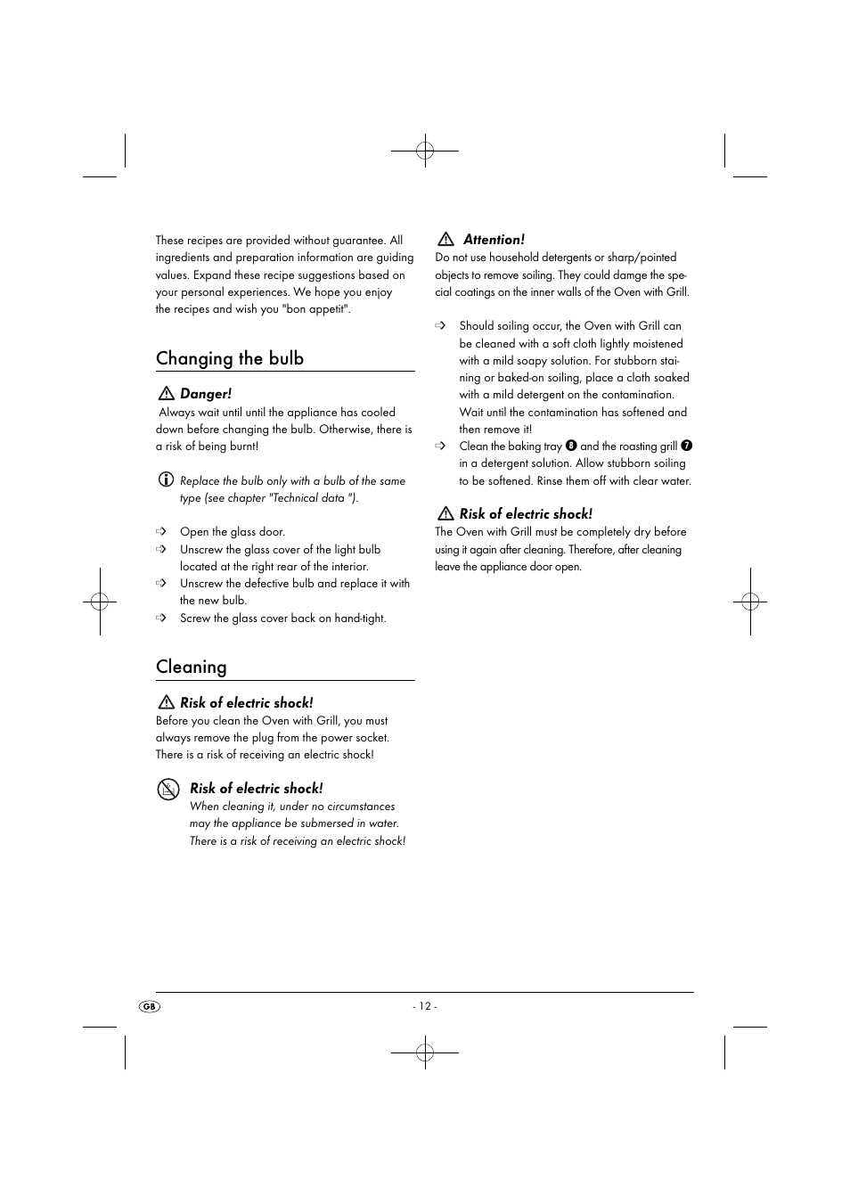 Changing the bulb, Cleaning, Danger | Risk of electric shock, Attention | Silvercrest SGB 1380 B2 User Manual | Page 15 / 102