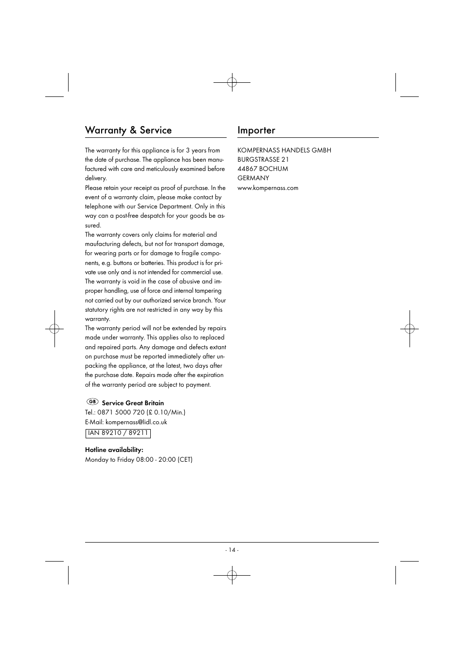 Warranty & service, Importer | Silvercrest SGB 1380 B2 User Manual | Page 17 / 102
