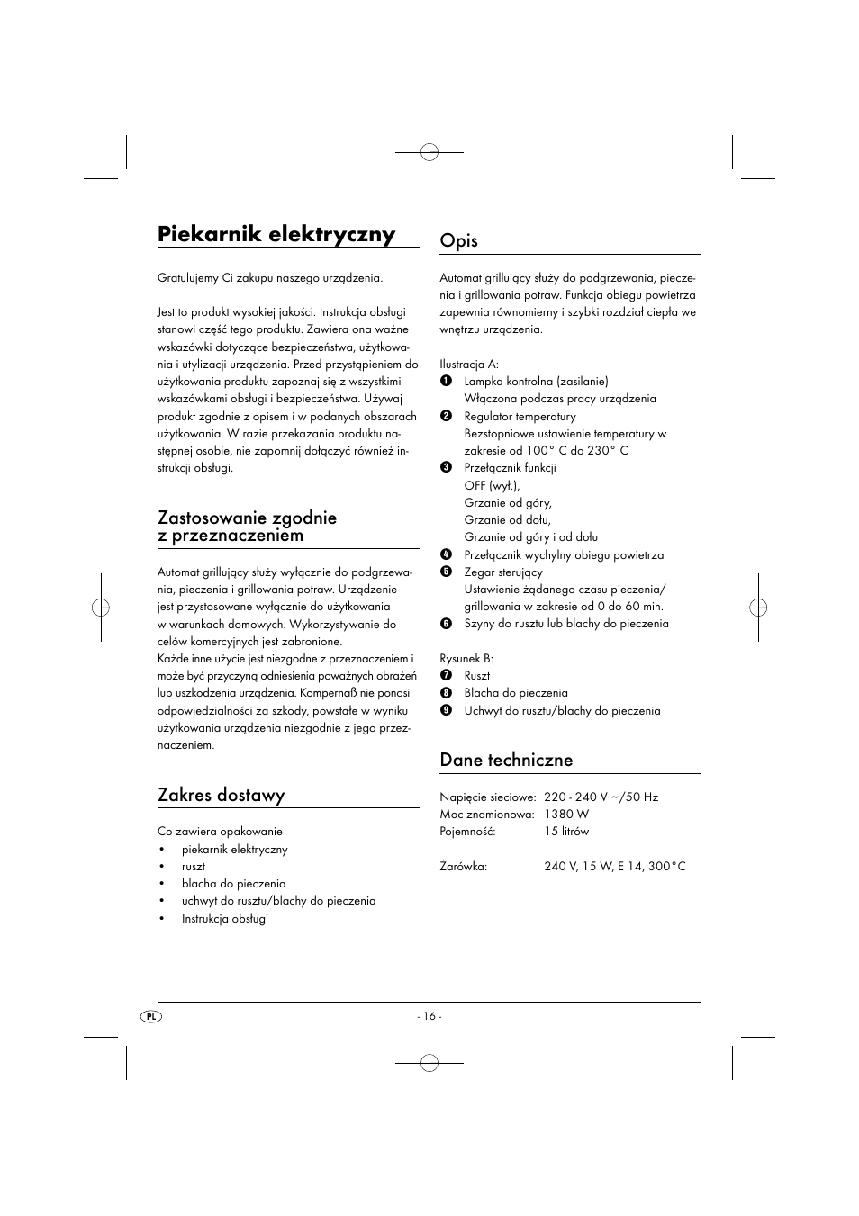 Piekarnik elektryczny, Zastosowanie zgodnie z przeznaczeniem, Zakres dostawy | Opis, Dane techniczne | Silvercrest SGB 1380 B2 User Manual | Page 19 / 102