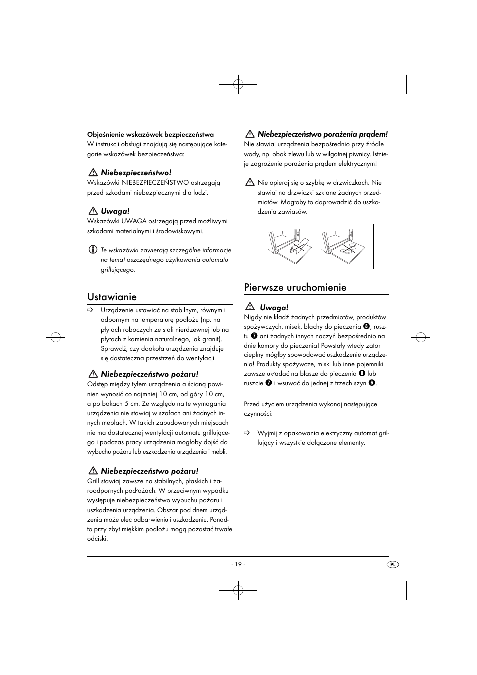 Ustawianie, Pierwsze uruchomienie, Niebezpieczeństwo | Uwaga, Niebezpieczeństwo pożaru, Niebezpieczeństwo porażenia prądem | Silvercrest SGB 1380 B2 User Manual | Page 22 / 102