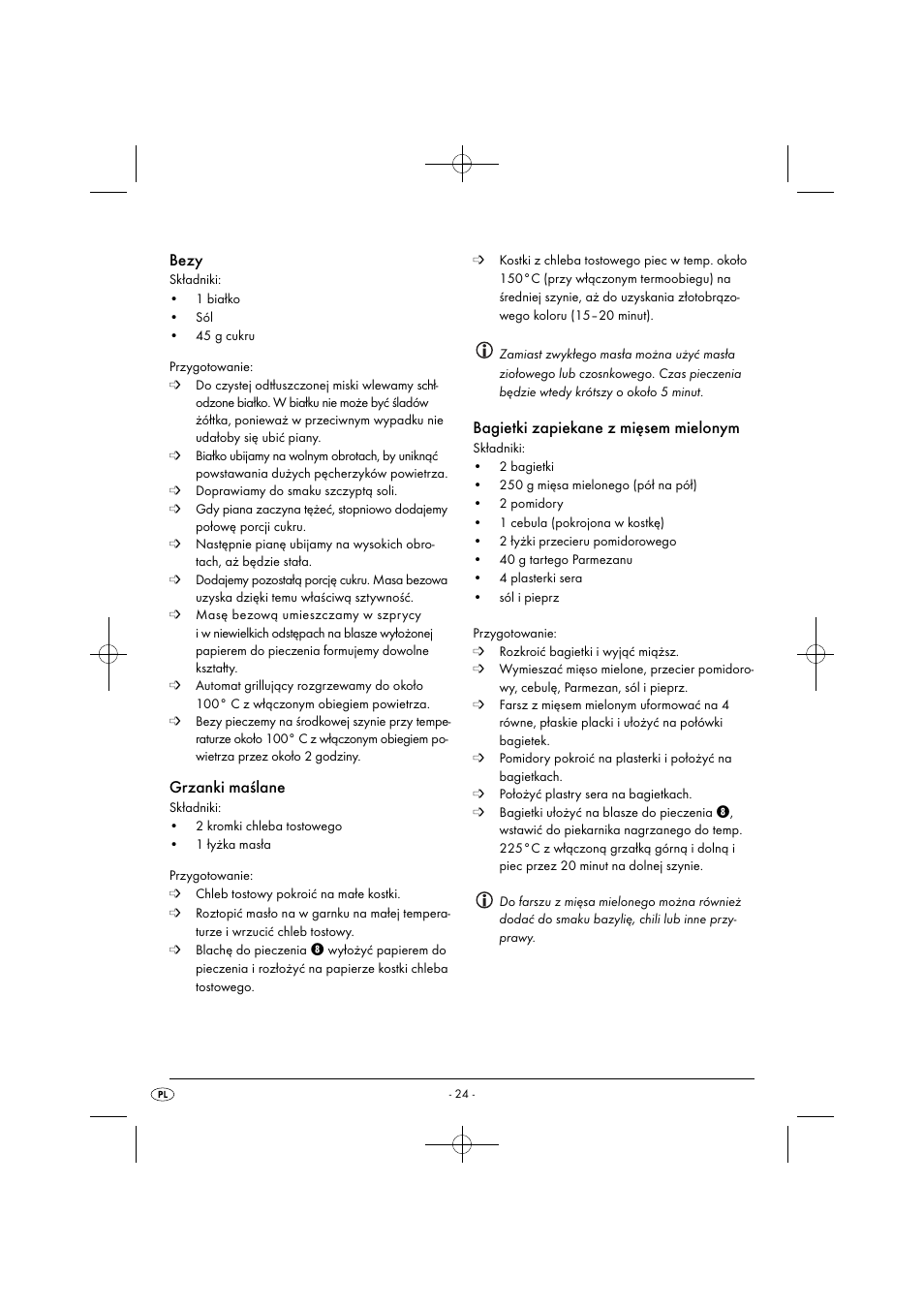 Bezy, Grzanki maślane, Bagietki zapiekane z mięsem mielonym | Silvercrest SGB 1380 B2 User Manual | Page 27 / 102