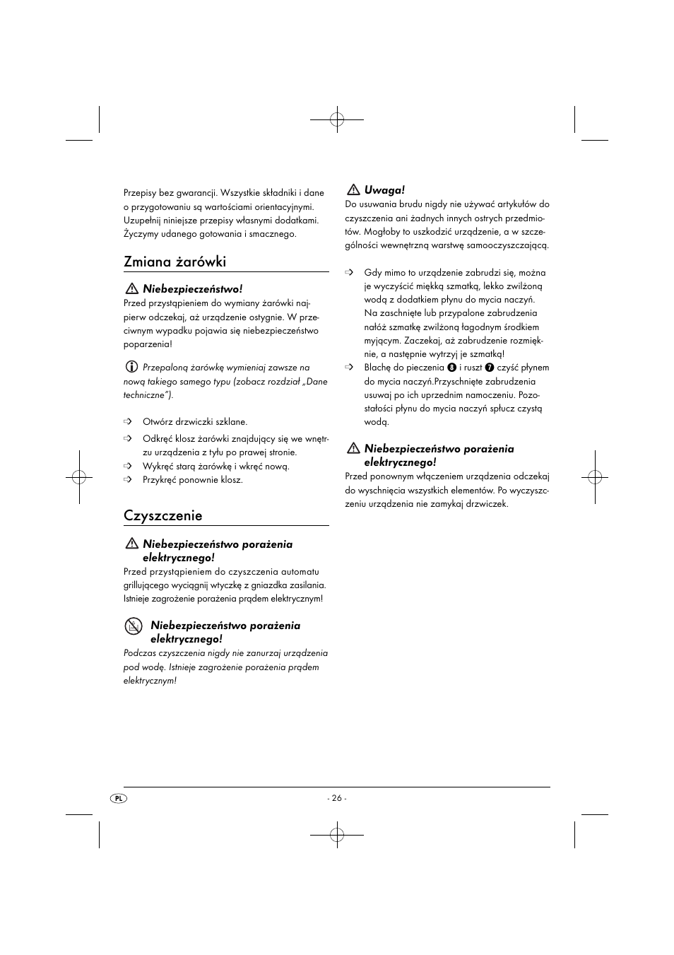 Zmiana żarówki, Czyszczenie, Niebezpieczeństwo | Niebezpieczeństwo porażenia elektrycznego, Uwaga | Silvercrest SGB 1380 B2 User Manual | Page 29 / 102
