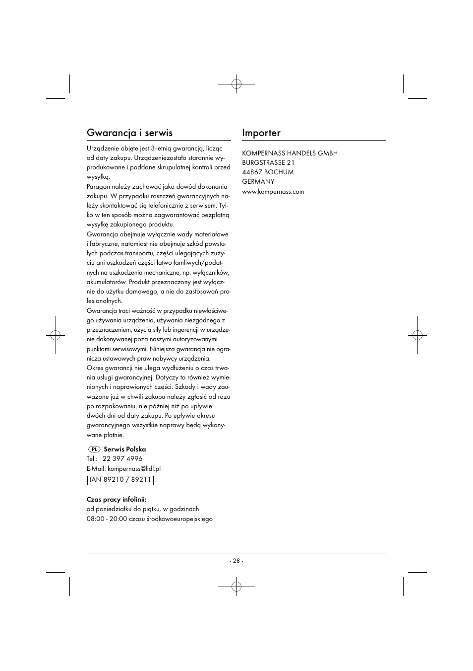 Gwarancja i serwis, Importer | Silvercrest SGB 1380 B2 User Manual | Page 31 / 102