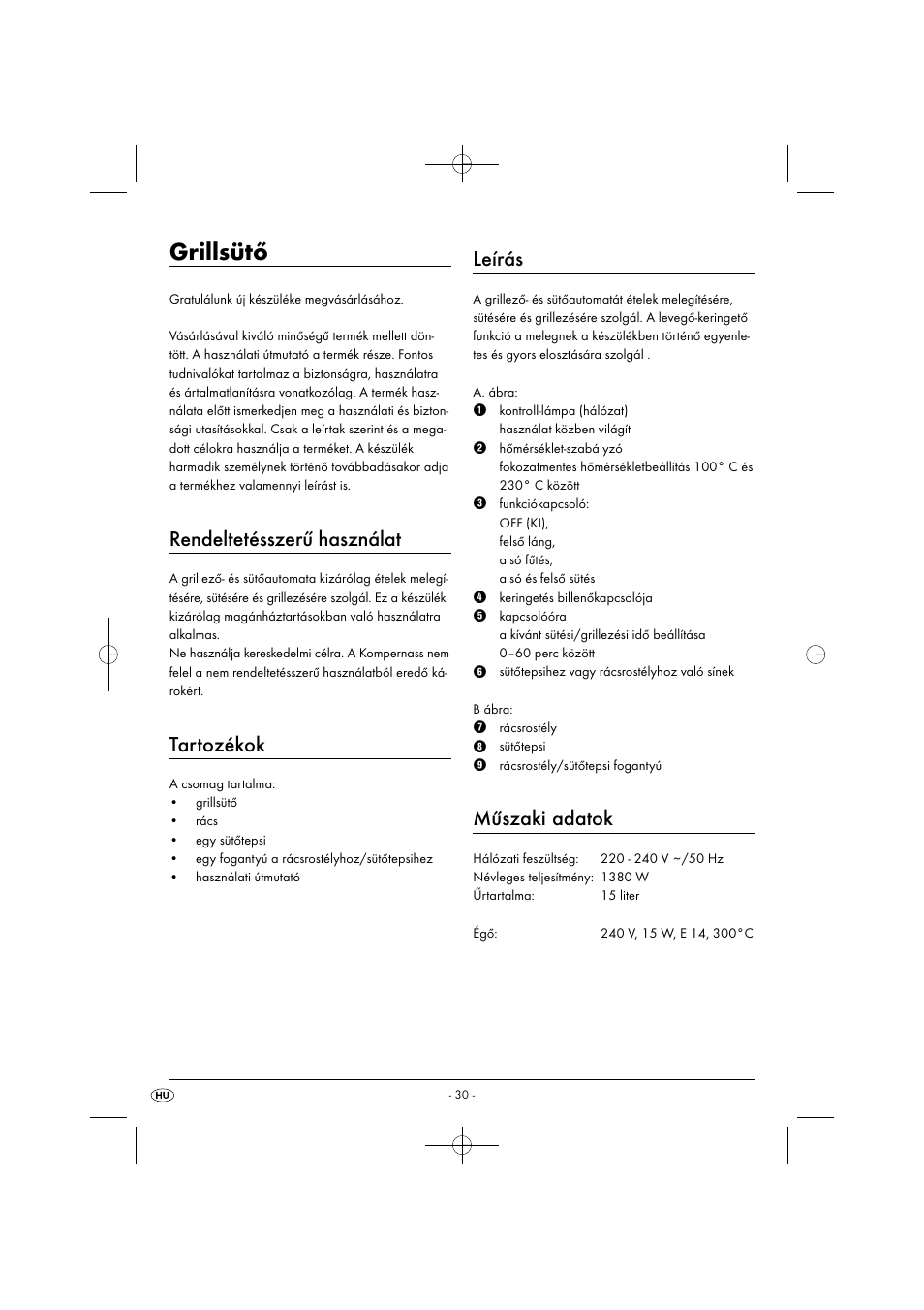 Grillsütő, Rendeltetésszerű használat, Tartozékok | Leírás, Műszaki adatok | Silvercrest SGB 1380 B2 User Manual | Page 33 / 102