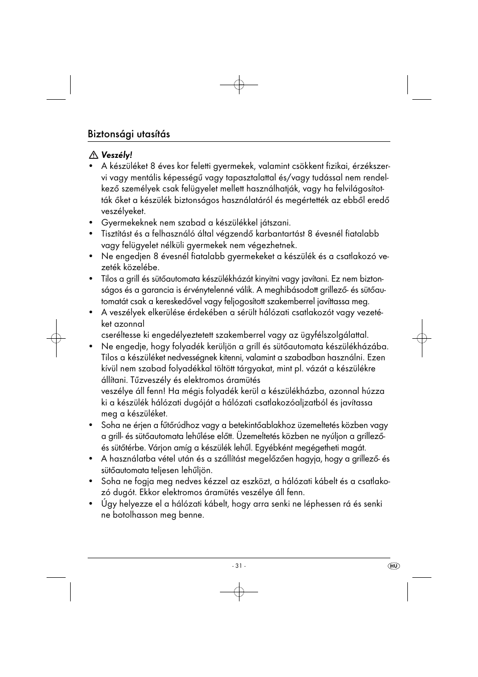 Biztonsági utasítás | Silvercrest SGB 1380 B2 User Manual | Page 34 / 102