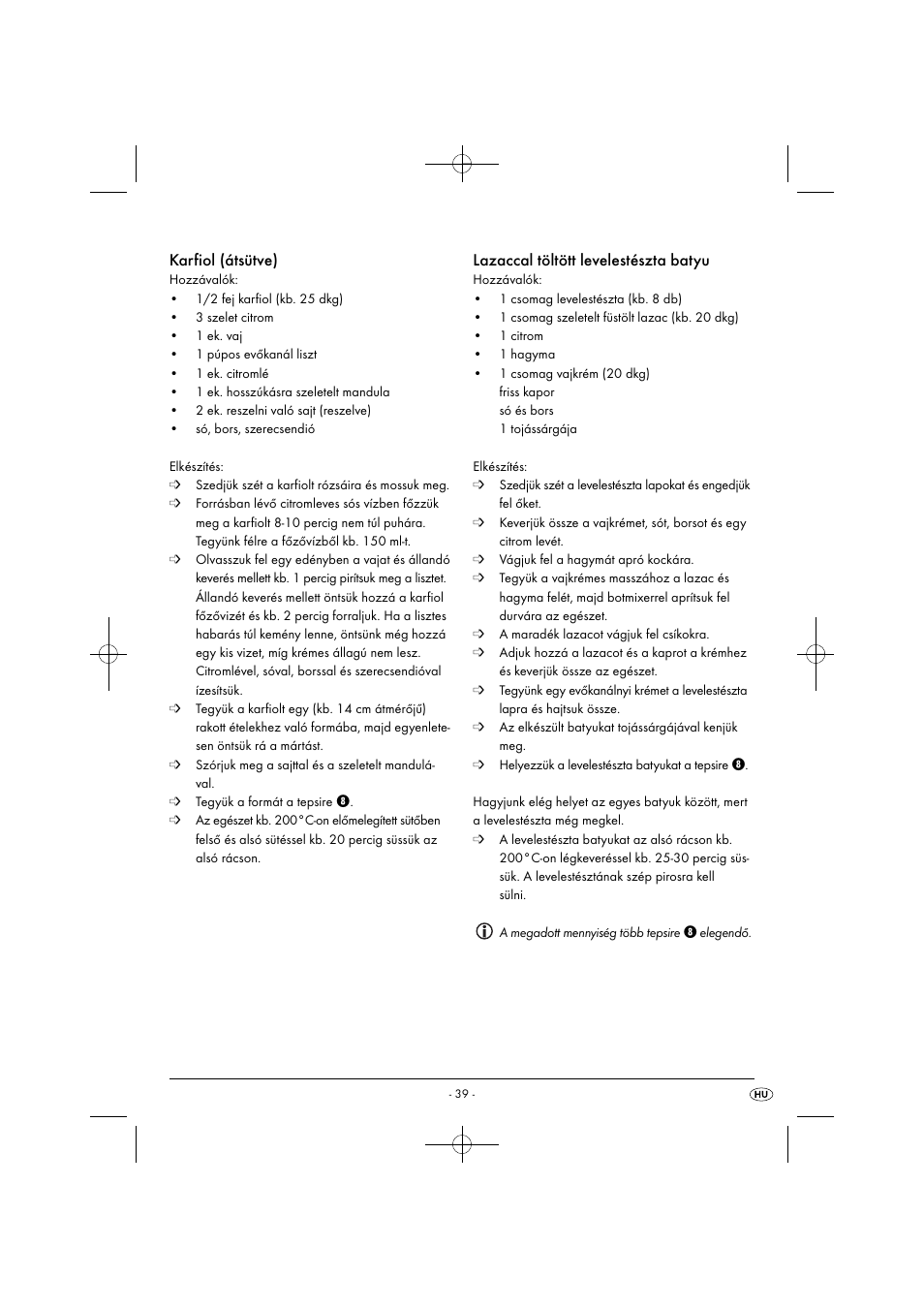 Karfiol (átsütve), Lazaccal töltött levelestészta batyu | Silvercrest SGB 1380 B2 User Manual | Page 42 / 102