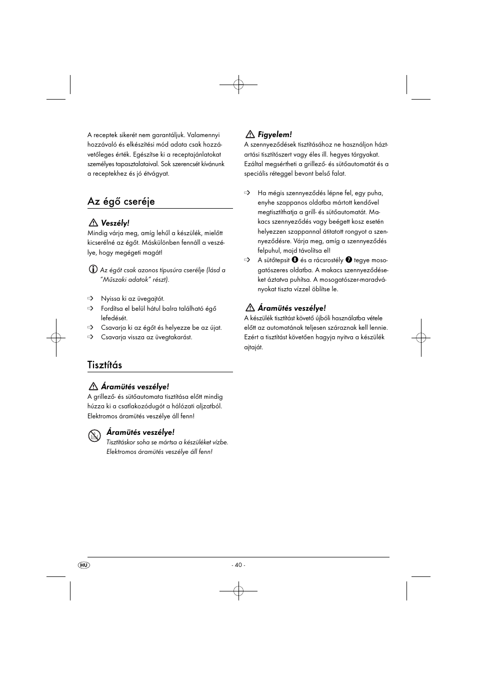 Az égő cseréje, Tisztítás, Veszély | Áramütés veszélye, Figyelem | Silvercrest SGB 1380 B2 User Manual | Page 43 / 102