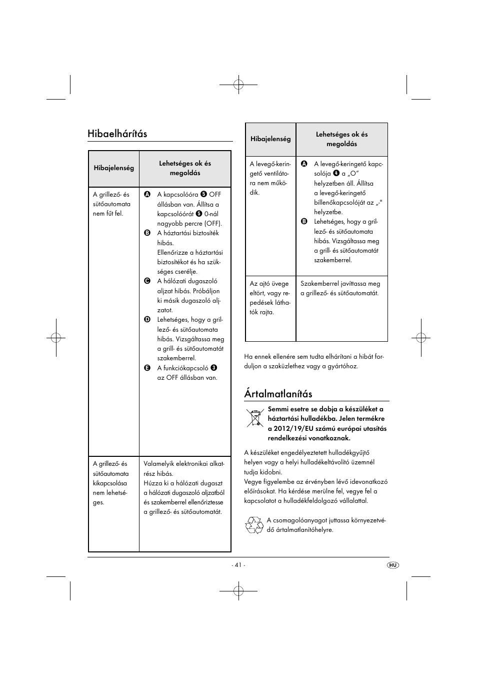 Hibaelhárítás, Ártalmatlanítás | Silvercrest SGB 1380 B2 User Manual | Page 44 / 102