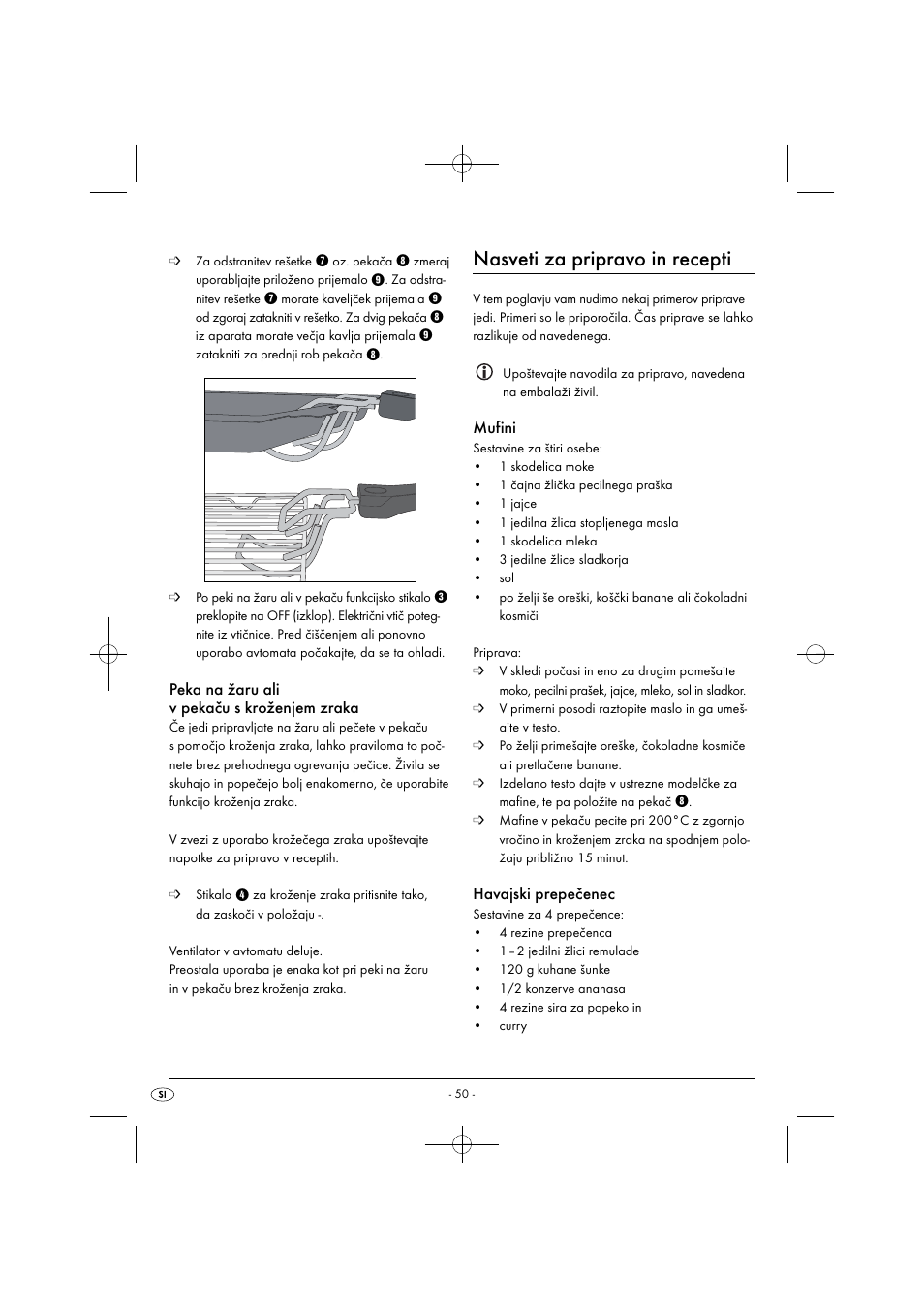 Nasveti za pripravo in recepti, Peka na žaru ali v pekaču s kroženjem zraka, Mufini | Havajski prepečenec | Silvercrest SGB 1380 B2 User Manual | Page 53 / 102