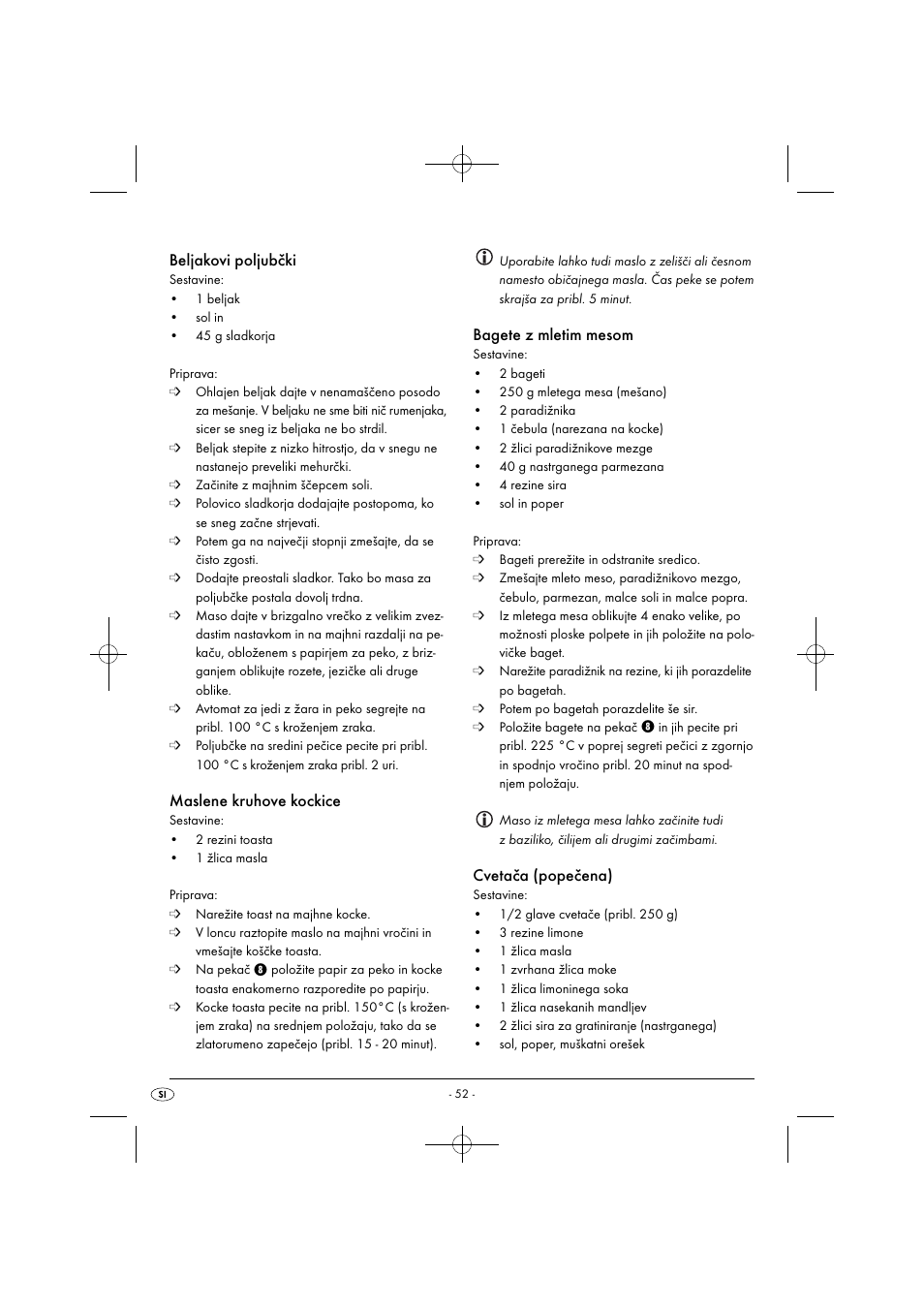 Beljakovi poljubčki, Maslene kruhove kockice, Bagete z mletim mesom | Cvetača (popečena) | Silvercrest SGB 1380 B2 User Manual | Page 55 / 102