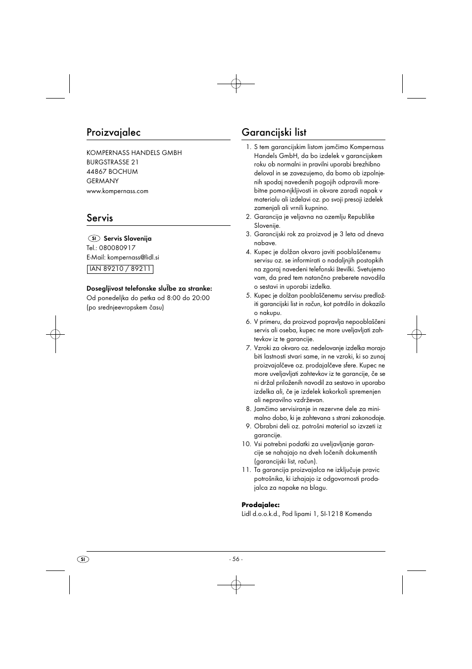 Proizvajalec, Servis, Garancijski list | Silvercrest SGB 1380 B2 User Manual | Page 59 / 102