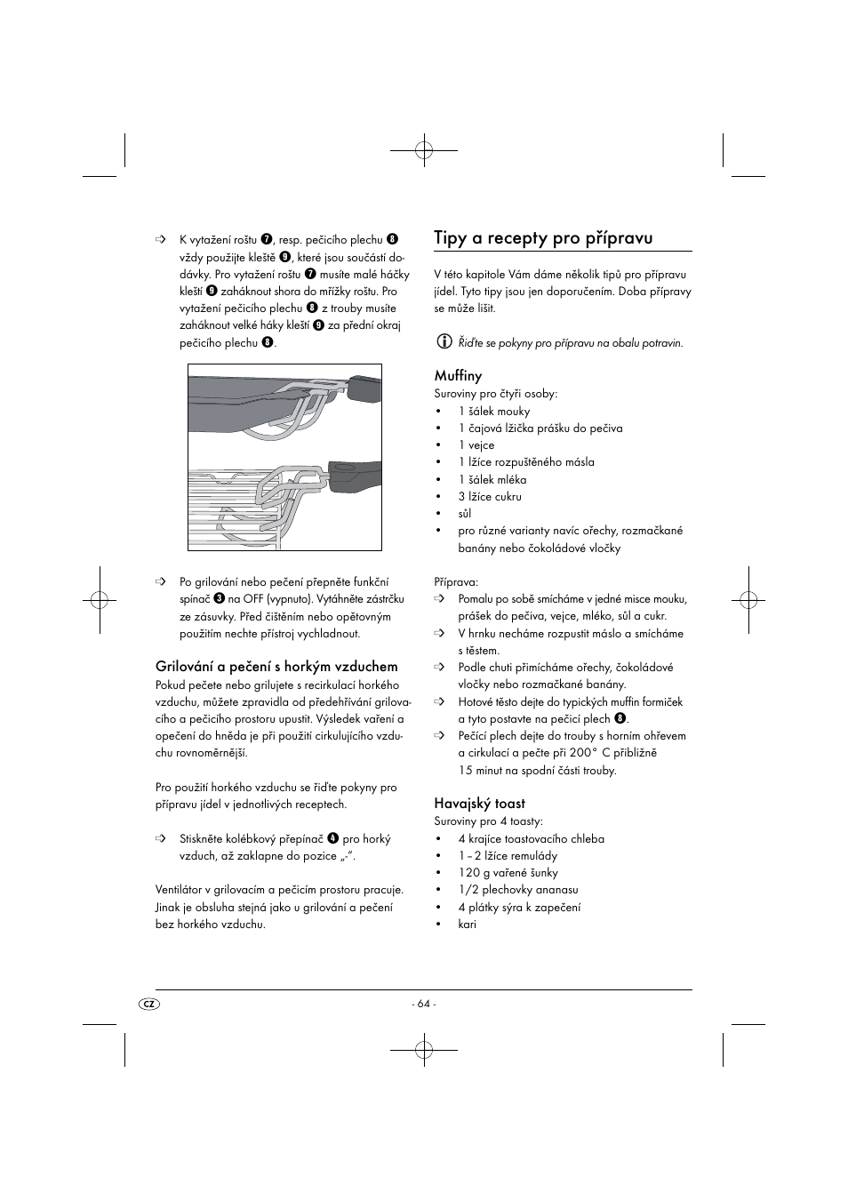 Tipy a recepty pro přípravu, Grilování a pečení s horkým vzduchem, Muffiny | Havajský toast | Silvercrest SGB 1380 B2 User Manual | Page 67 / 102