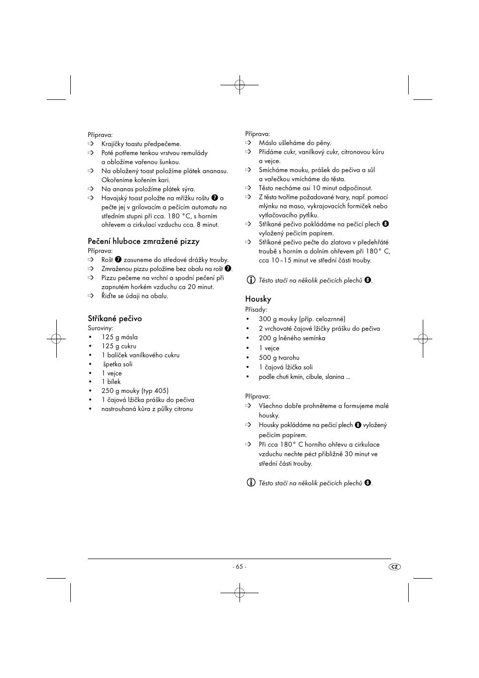 Pečení hluboce zmražené pizzy, Stříkané pečivo, Housky | Silvercrest SGB 1380 B2 User Manual | Page 68 / 102