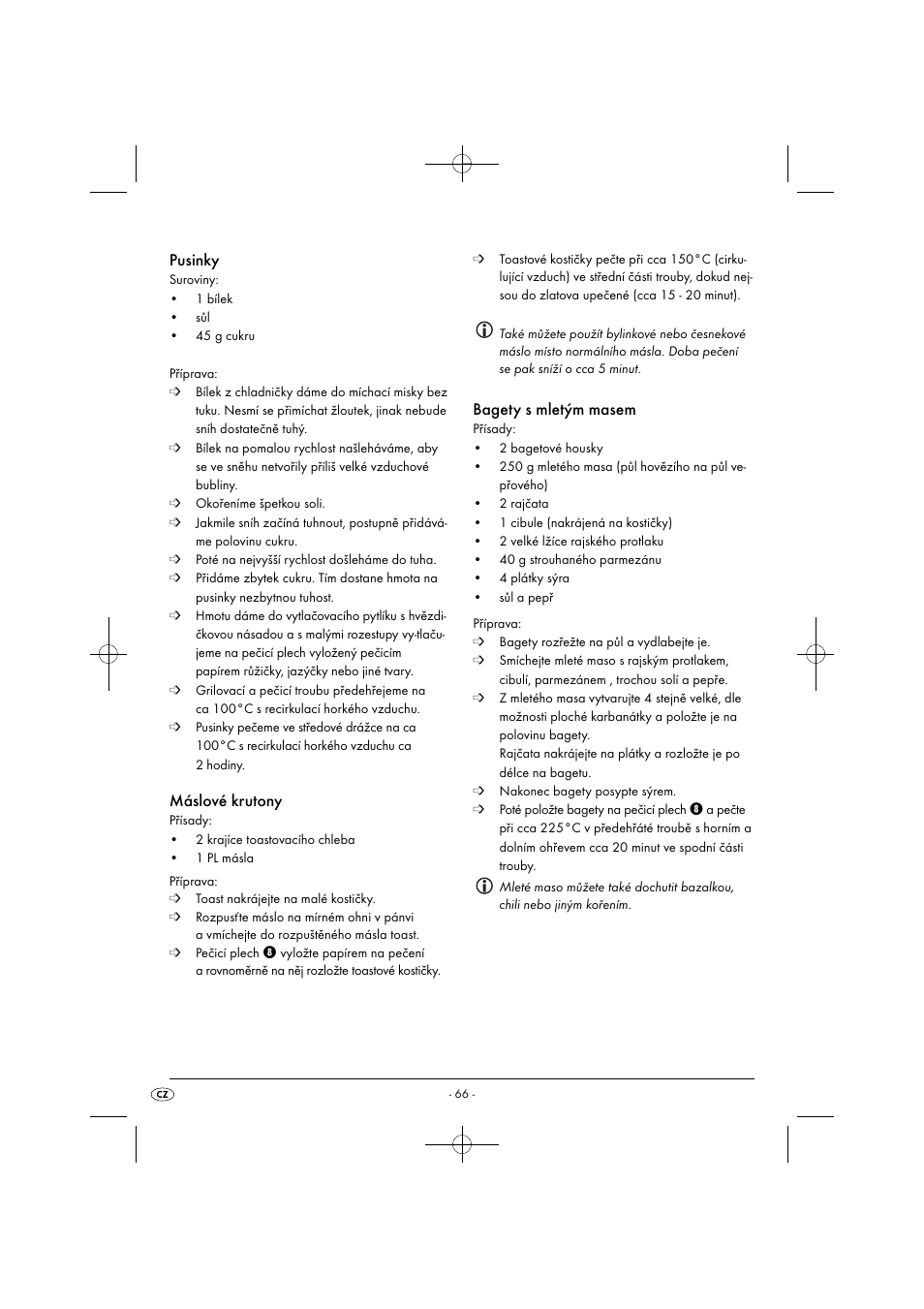 Pusinky, Máslové krutony, Bagety s mletým masem | Silvercrest SGB 1380 B2 User Manual | Page 69 / 102