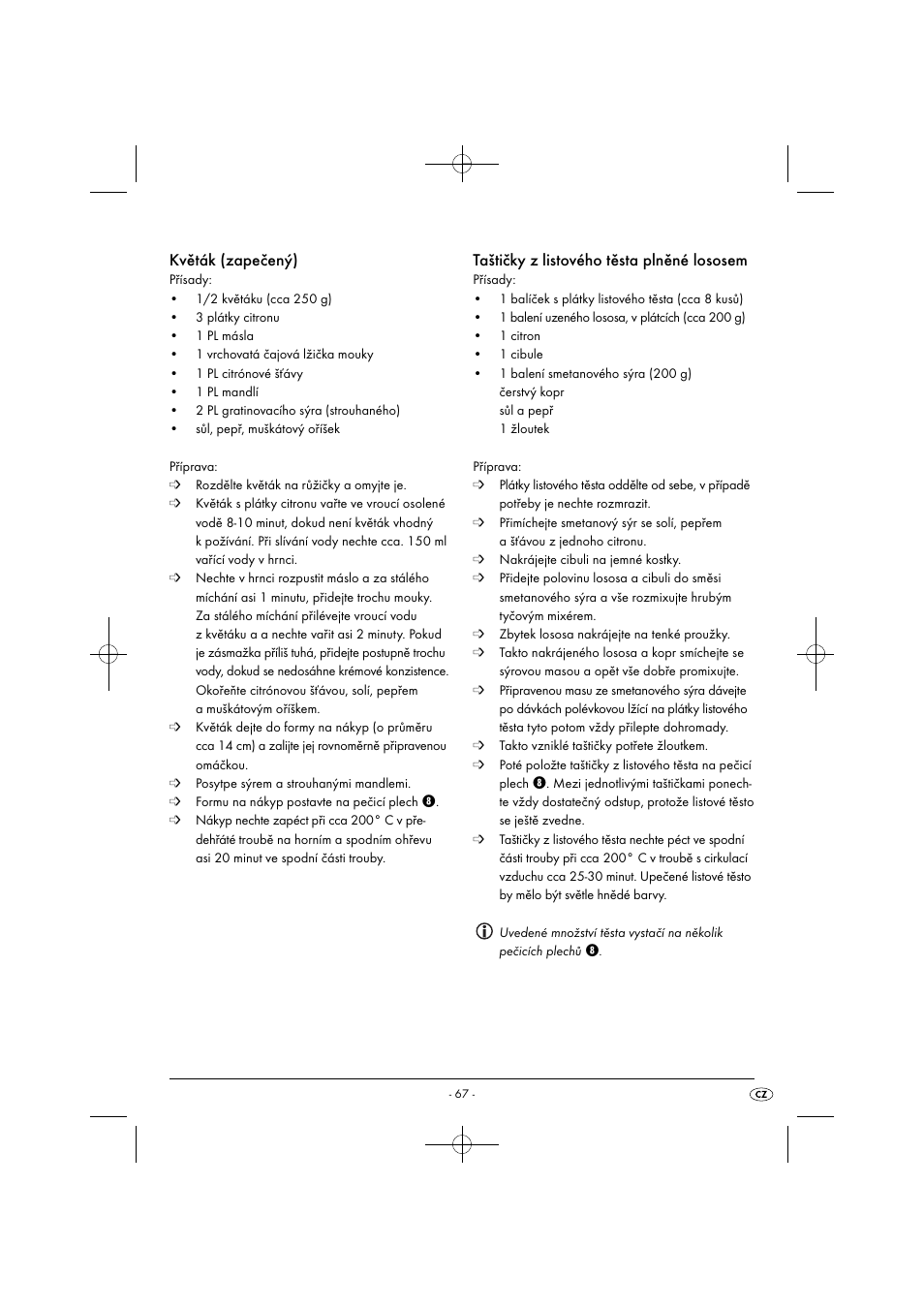 Květák (zapečený), Taštičky z listového těsta plněné lososem | Silvercrest SGB 1380 B2 User Manual | Page 70 / 102