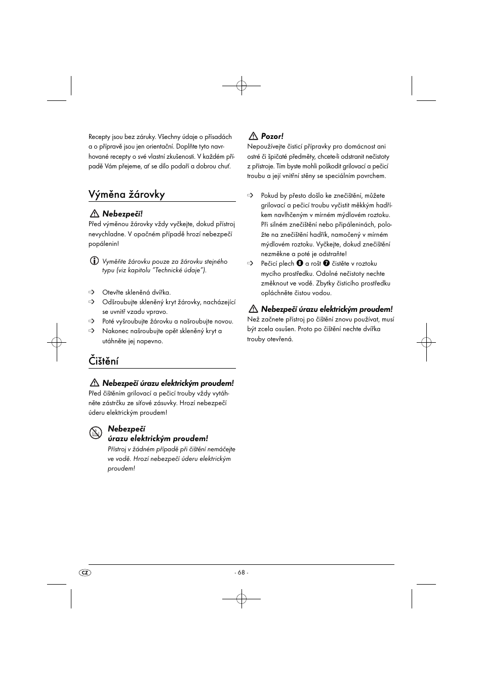 Výměna žárovky, Čištění, Nebezpečí | Nebezpečí úrazu elektrickým proudem, Pozor | Silvercrest SGB 1380 B2 User Manual | Page 71 / 102