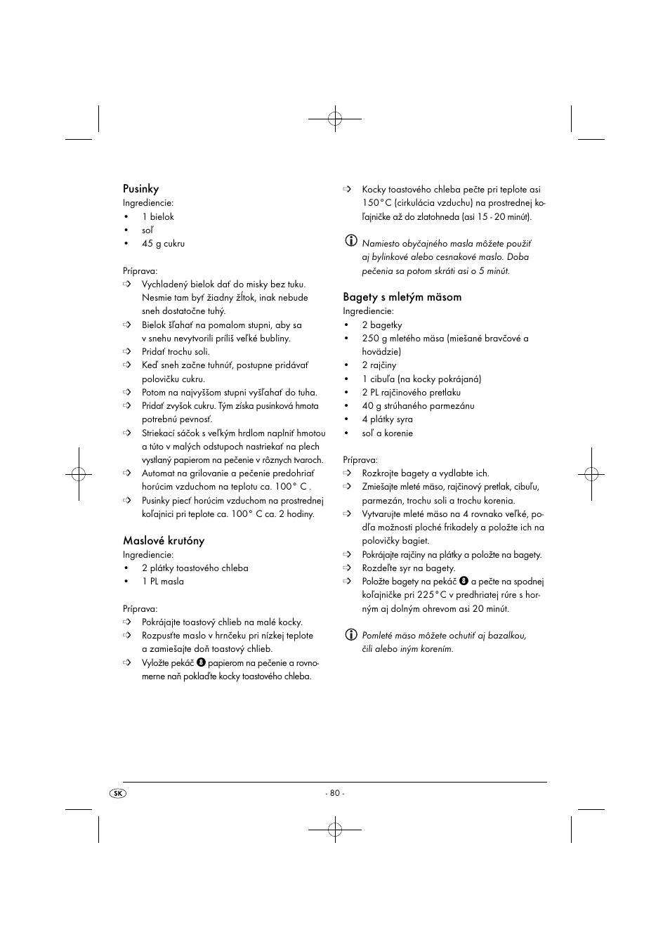 Pusinky, Maslové krutóny, Bagety s mletým mäsom | Silvercrest SGB 1380 B2 User Manual | Page 83 / 102