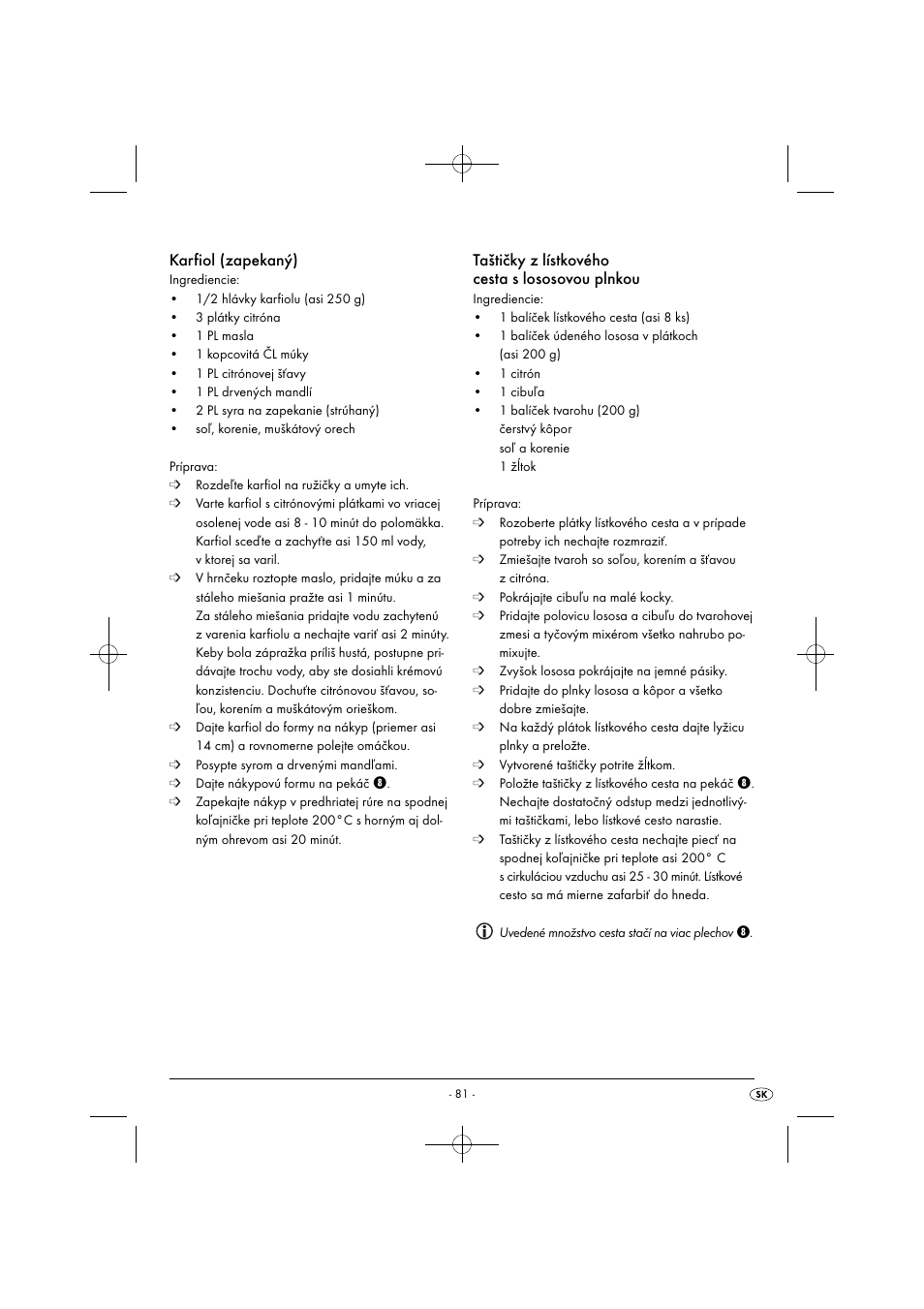 Karfiol (zapekaný), Taštičky z lístkového cesta s lososovou plnkou | Silvercrest SGB 1380 B2 User Manual | Page 84 / 102