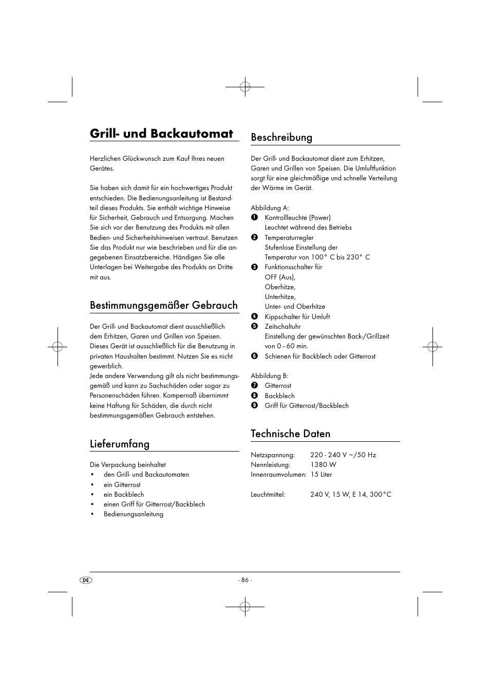 Grill- und backautomat, Bestimmungsgemäßer gebrauch, Lieferumfang | Beschreibung, Technische daten | Silvercrest SGB 1380 B2 User Manual | Page 89 / 102