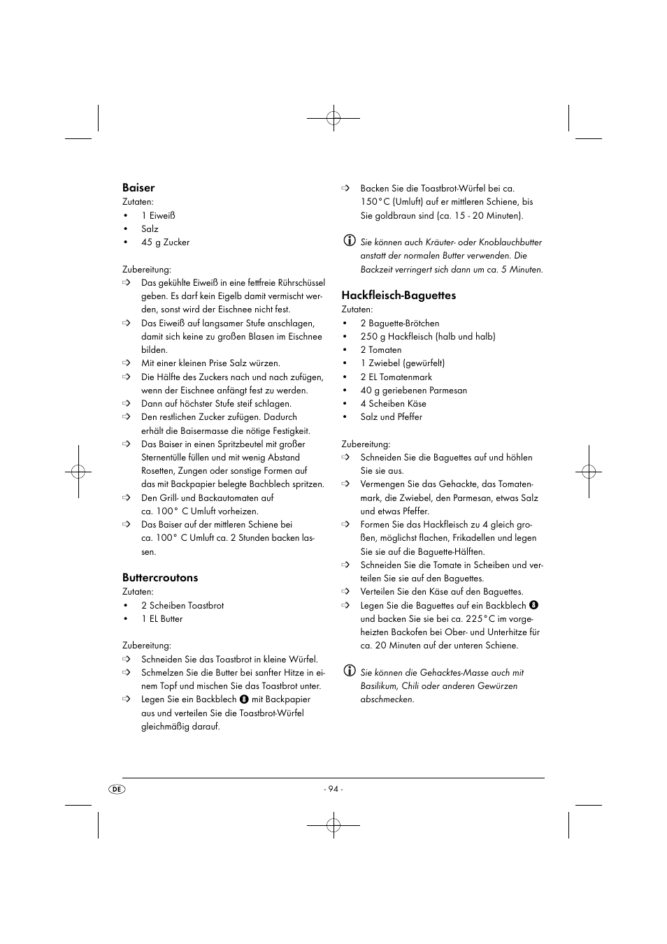 Baiser, Buttercroutons, Hackfleisch-baguettes | Silvercrest SGB 1380 B2 User Manual | Page 97 / 102