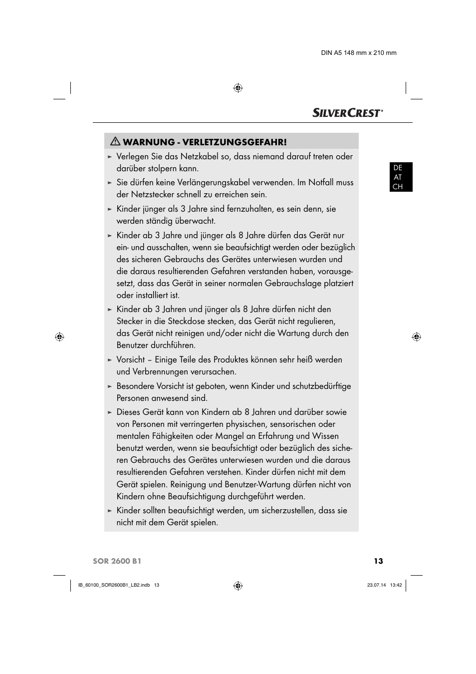 Warnung - verletzungsgefahr | Silvercrest SOR 2600 B1 User Manual | Page 16 / 28