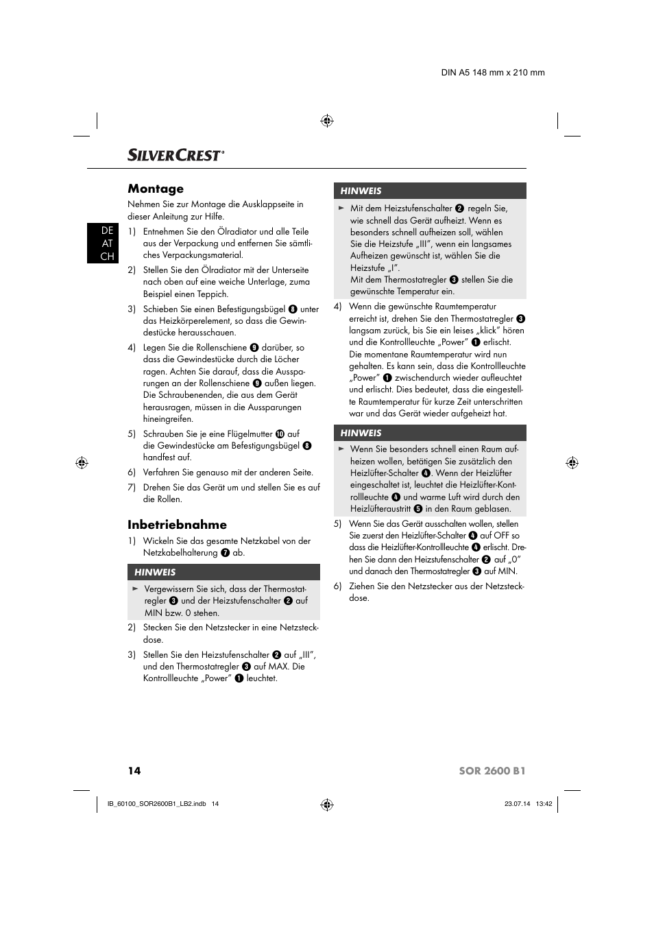 Montage, Inbetriebnahme | Silvercrest SOR 2600 B1 User Manual | Page 17 / 28