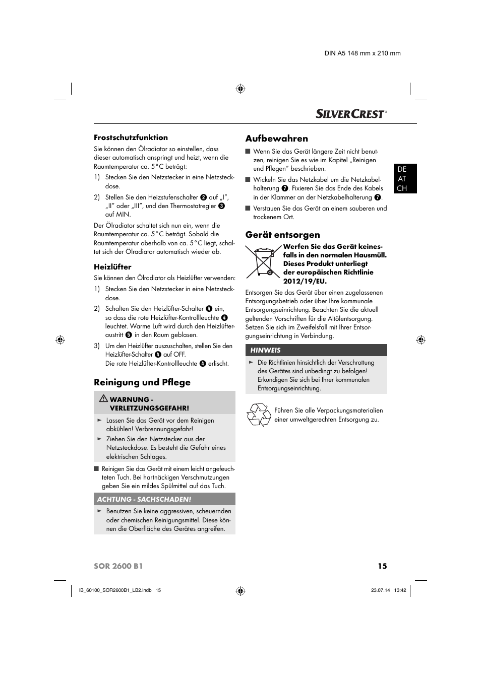 Reinigung und pﬂ ege, Aufbewahren, Gerät entsorgen | Silvercrest SOR 2600 B1 User Manual | Page 18 / 28