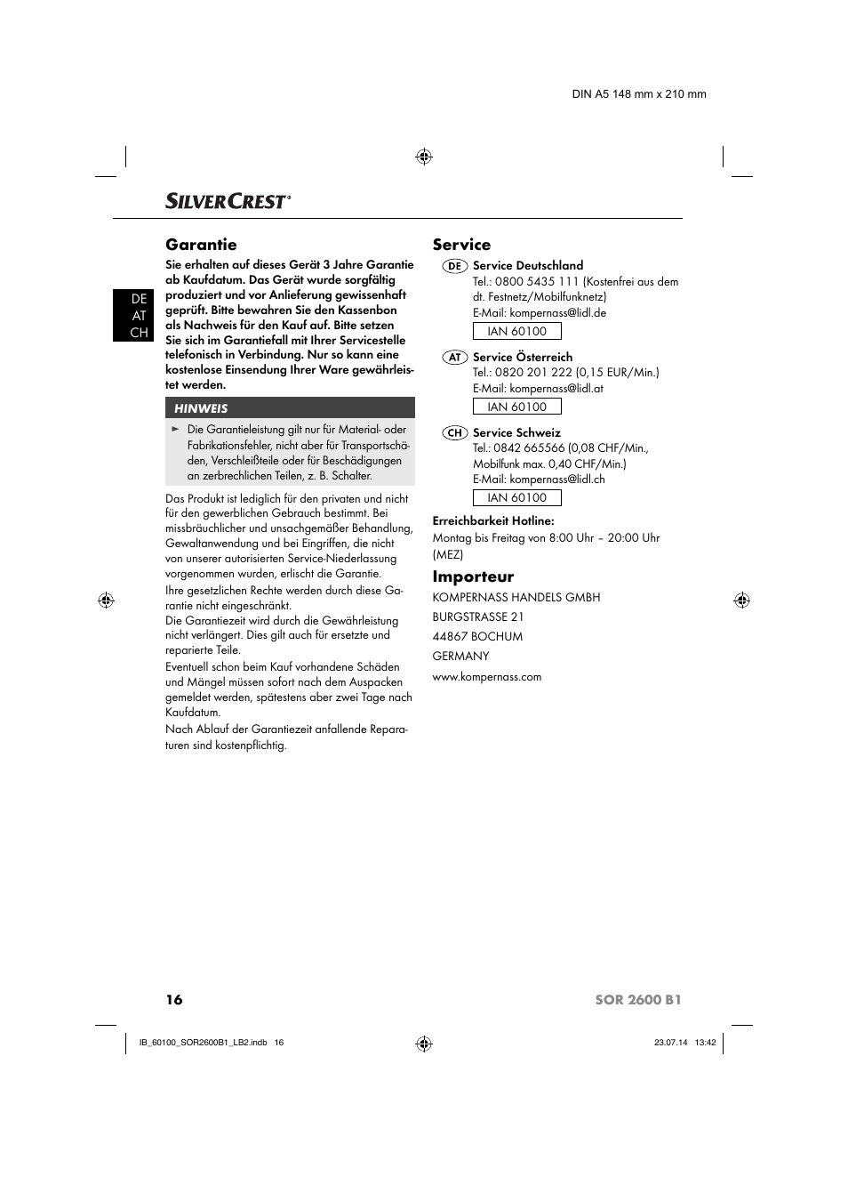 Garantie, Service, Importeur | Silvercrest SOR 2600 B1 User Manual | Page 19 / 28