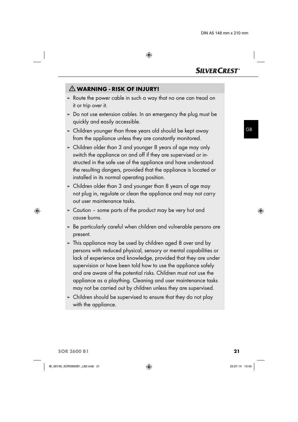 Warning - risk of injury | Silvercrest SOR 2600 B1 User Manual | Page 24 / 28