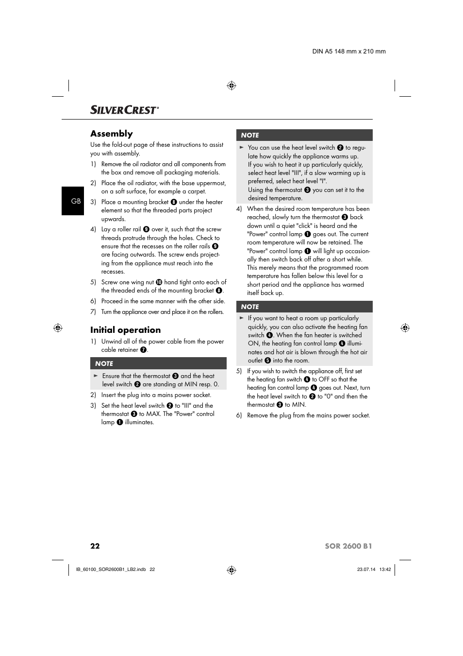 Assembly, Initial operation | Silvercrest SOR 2600 B1 User Manual | Page 25 / 28