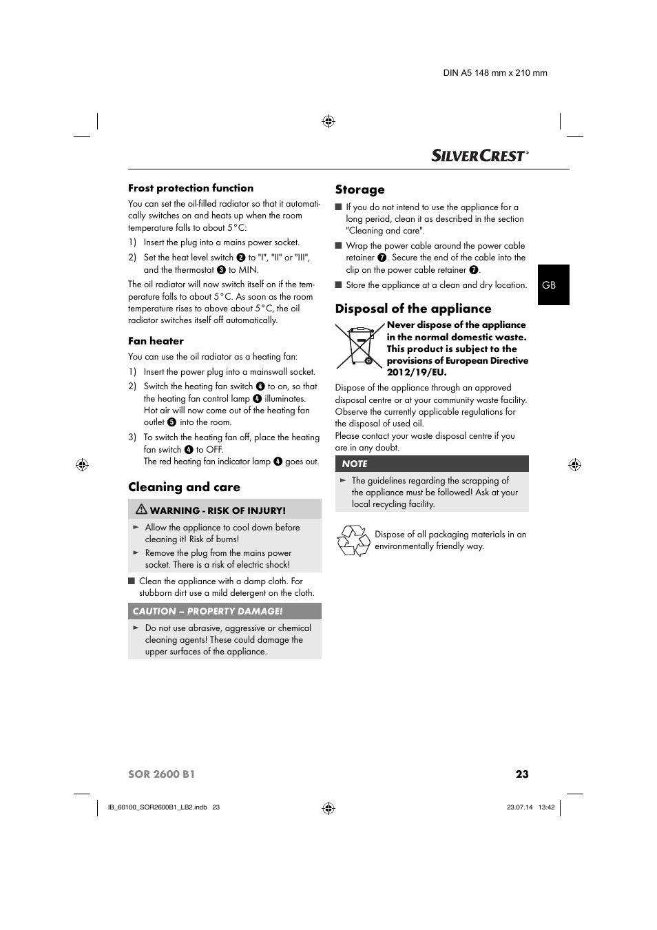 Cleaning and care, Storage, Disposal of the appliance | Silvercrest SOR 2600 B1 User Manual | Page 26 / 28