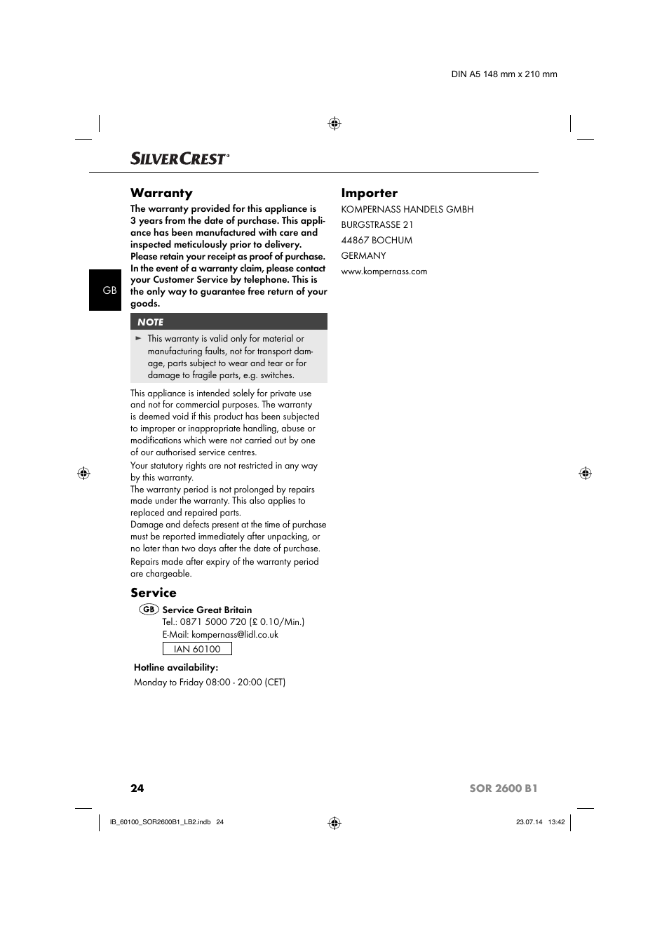 Warranty, Service, Importer | Silvercrest SOR 2600 B1 User Manual | Page 27 / 28