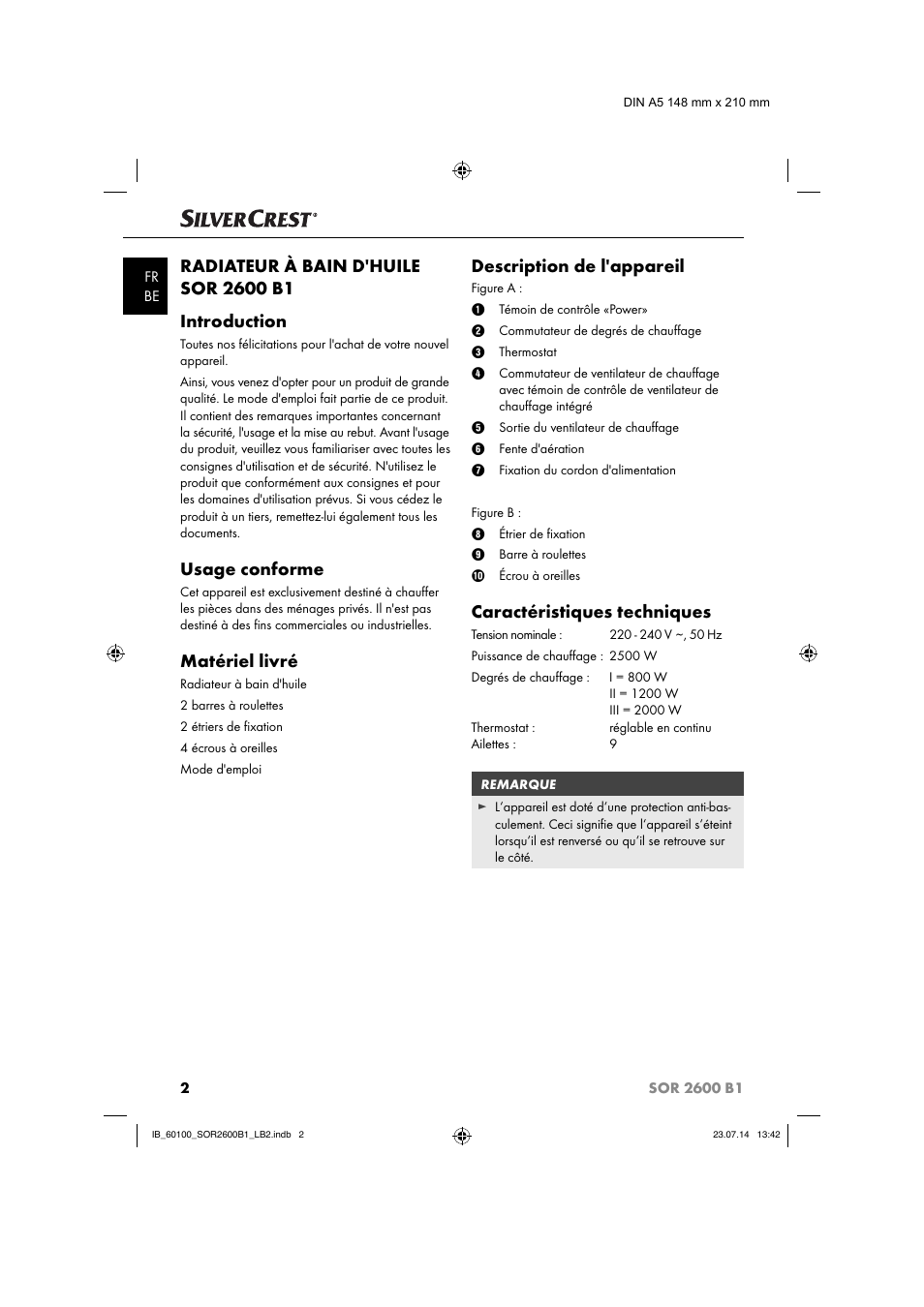 Usage conforme, Matériel livré, Description de l'appareil | Caractéristiques techniques | Silvercrest SOR 2600 B1 User Manual | Page 5 / 28