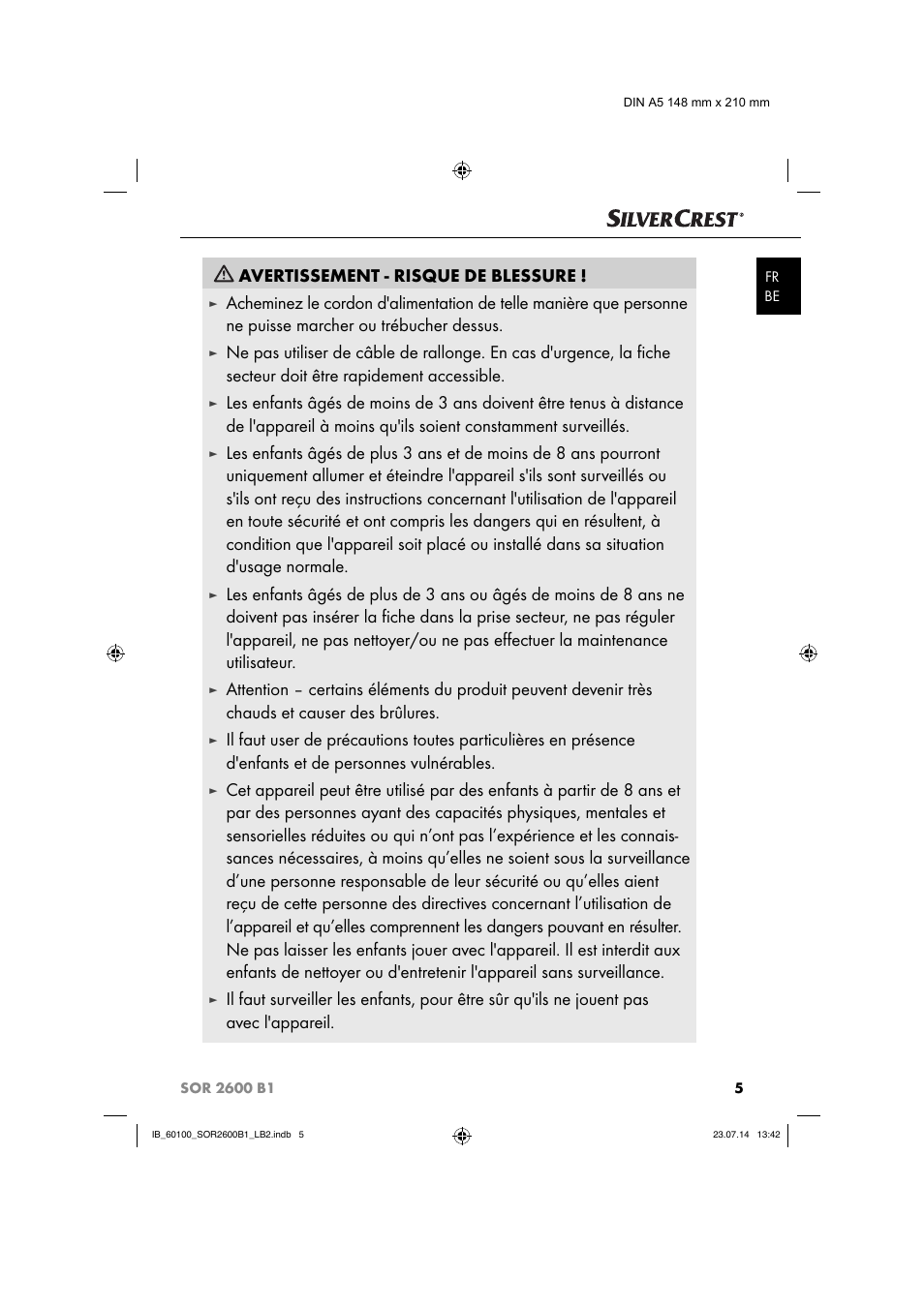 Avertissement - risque de blessure | Silvercrest SOR 2600 B1 User Manual | Page 8 / 28