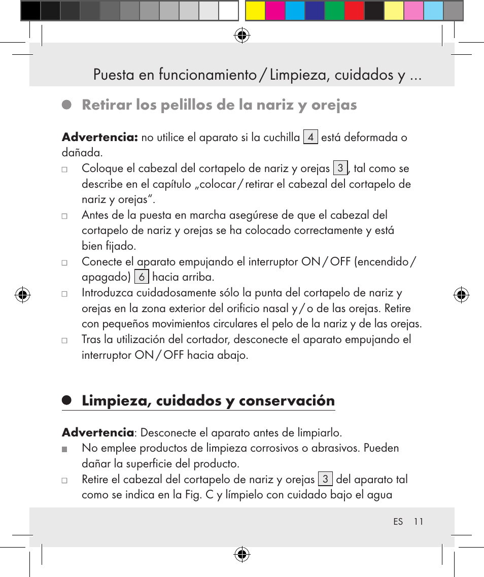 Puesta en funcionamiento / limpieza, cuidados y, Retirar los pelillos de la nariz y orejas, Limpieza, cuidados y conservación | Silvercrest Z31131 User Manual | Page 11 / 46