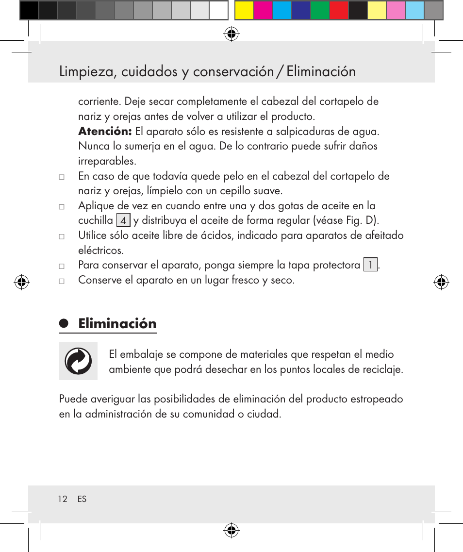 Limpieza, cuidados y conservación / eliminación, Eliminación | Silvercrest Z31131 User Manual | Page 12 / 46