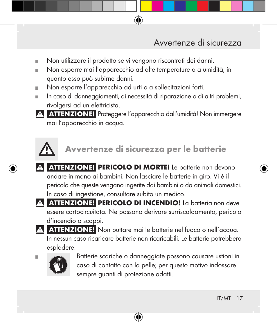 Avvertenze di sicurezza, Avvertenze di sicurezza per le batterie | Silvercrest Z31131 User Manual | Page 17 / 46