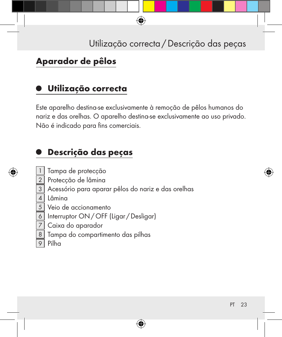 Utilização correcta / descrição das peças, Aparador de pêlos utilização correcta, Descrição das peças | Silvercrest Z31131 User Manual | Page 23 / 46