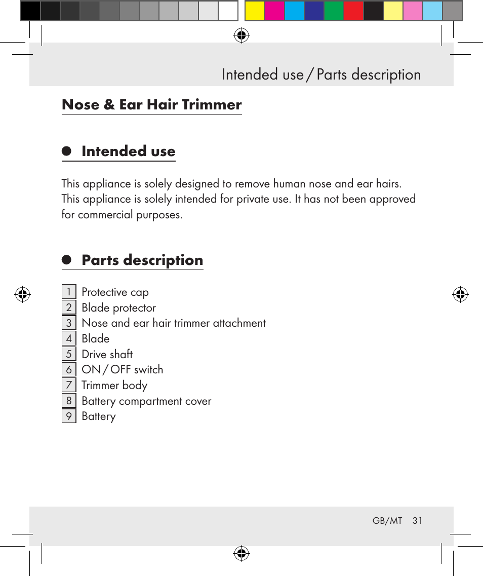 Intended use / parts description, Nose & ear hair trimmer intended use, Parts description | Silvercrest Z31131 User Manual | Page 31 / 46