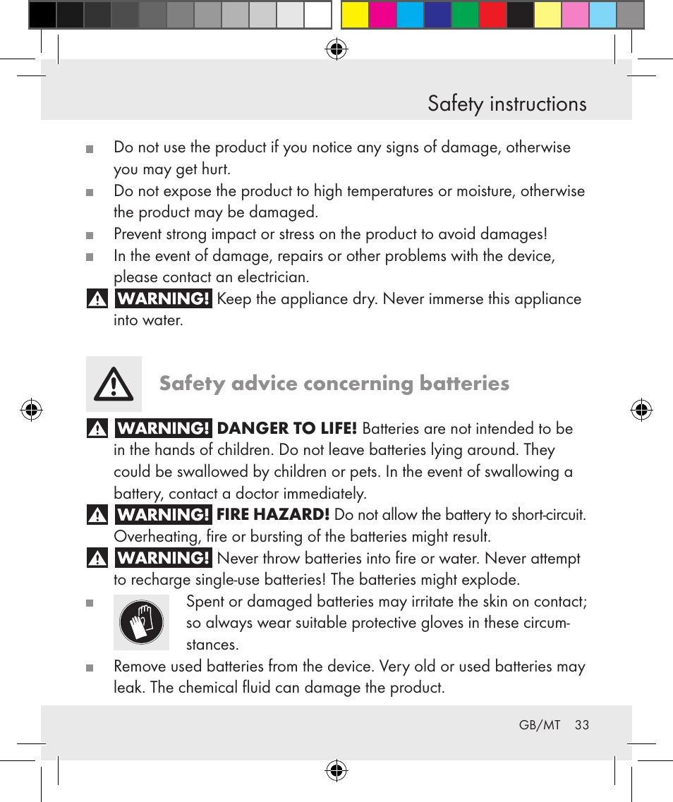 Safety instructions, Safety advice concerning batteries | Silvercrest Z31131 User Manual | Page 33 / 46