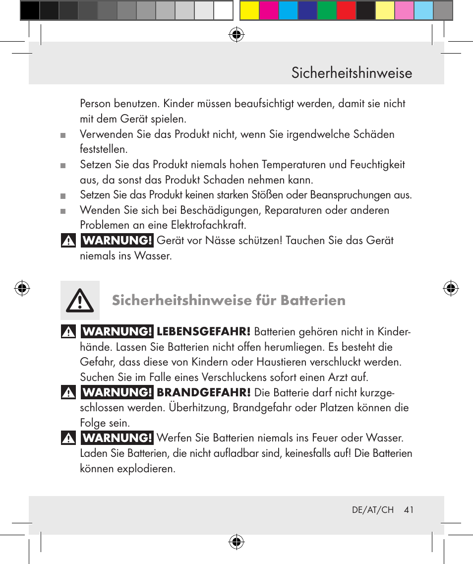 Sicherheitshinweise, Sicherheitshinweise für batterien | Silvercrest Z31131 User Manual | Page 41 / 46