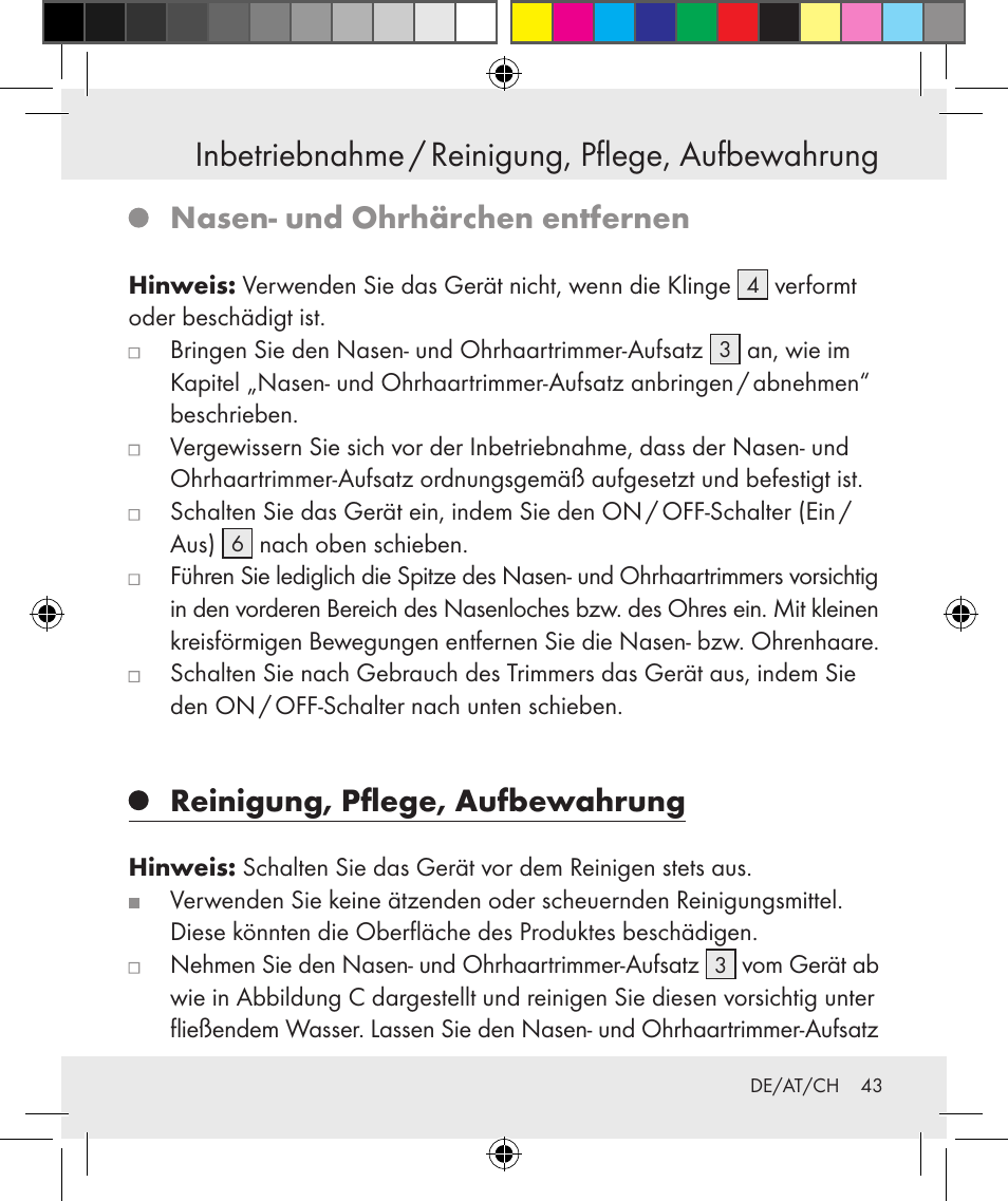 Inbetriebnahme / reinigung, pflege, aufbewahrung, Nasen- und ohrhärchen entfernen, Reinigung, pflege, aufbewahrung | Silvercrest Z31131 User Manual | Page 43 / 46