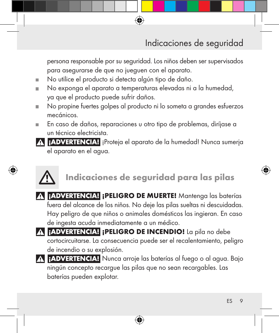 Indicaciones de seguridad, Indicaciones de seguridad para las pilas | Silvercrest Z31131 User Manual | Page 9 / 46