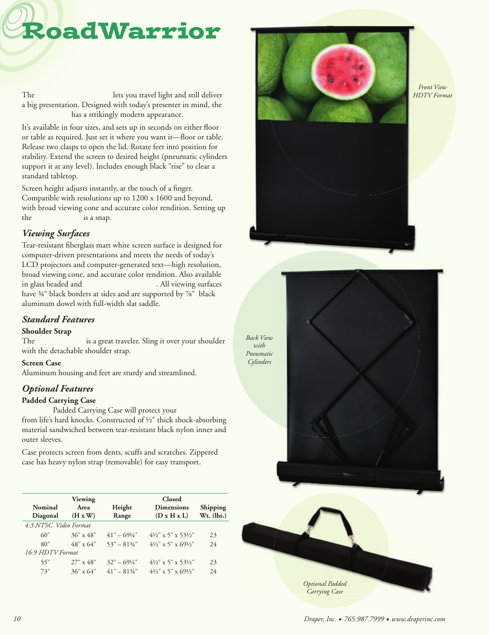 Roadwarrior, Roadwarrior dimensions, Viewing surfaces | Standard features, Optional features | Draper Portable Projection Screen User Manual | Page 10 / 16
