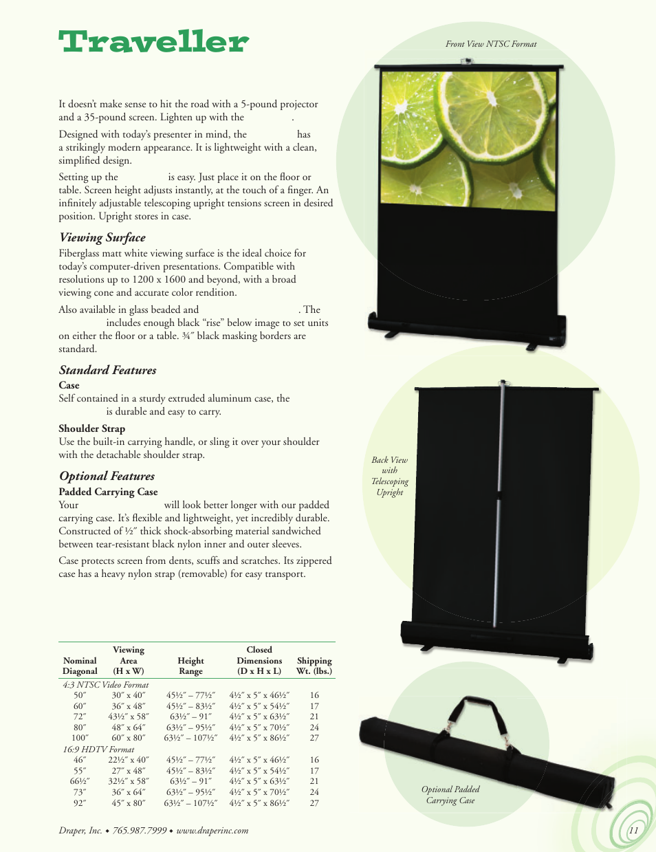 Traveller, Sets up in seconds, Traveller dimensions | Viewing surface, Standard features, Optional features | Draper Portable Projection Screen User Manual | Page 11 / 16